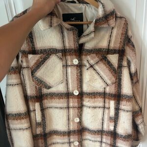 Hollister Women's Checkered Teddy Jacket - Brown and Cream NWOT